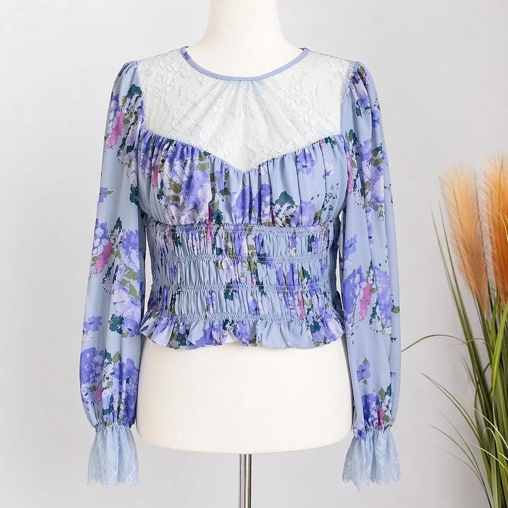 Free People Daphne Blue Floral Lace Smocked Blouse Top SZ Large Coquette Fairy